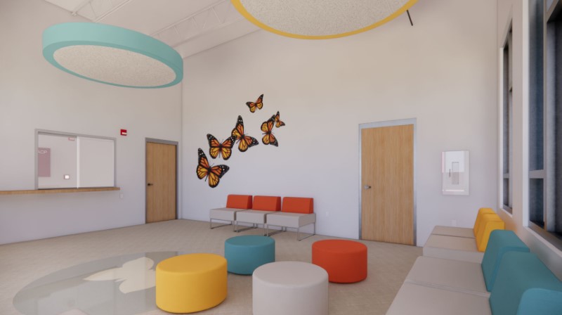 Architectural rendering of the Mulberry Community Academy's interior, featuring seating areas and butterfly wall art for a welcoming environment.