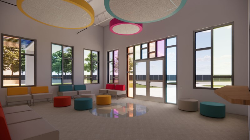 Architectural rendering of the future Mulberry Community Academy, showcasing a bright and modern interior design for K-8 students.